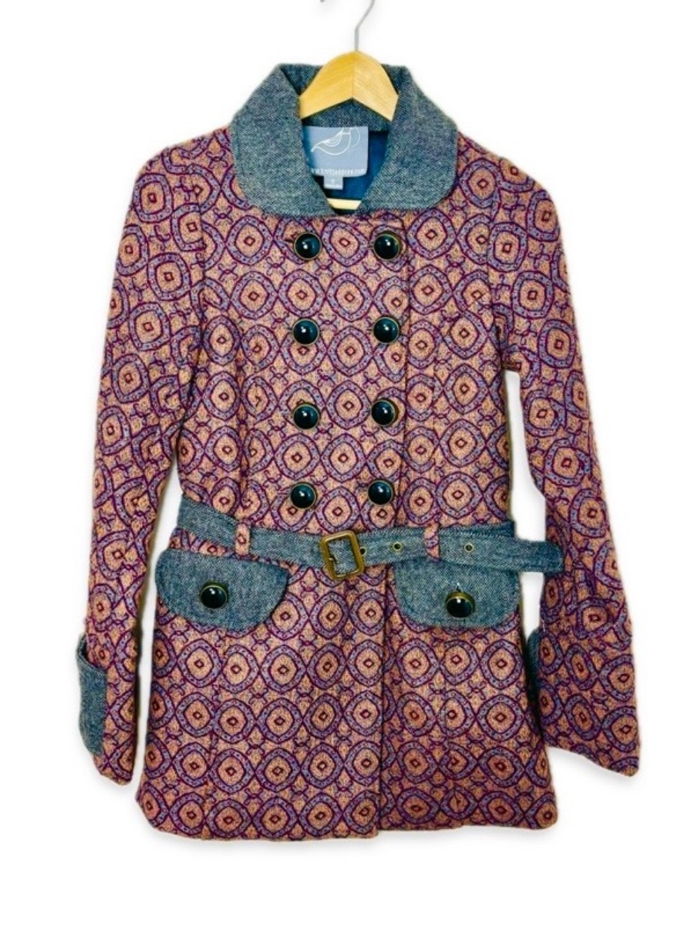 Anthropologie Knitted Dove Geometric Jacquard Wool Blend Belted Statement Coat S